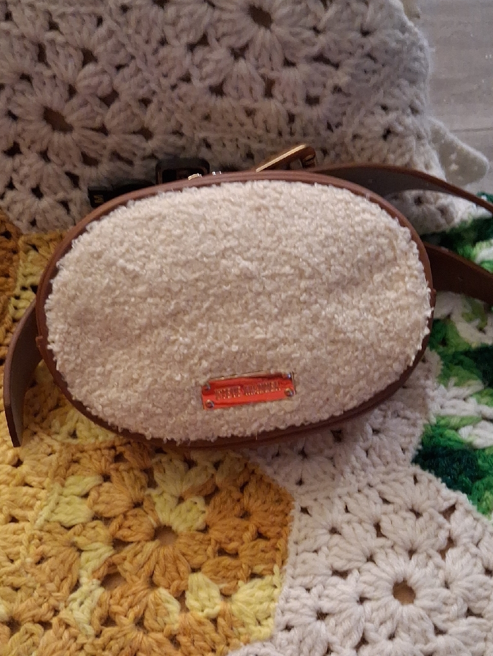 Cream Sherpa Crossbody Belt Bag with Brown Trim Steve Madden Belt Bag